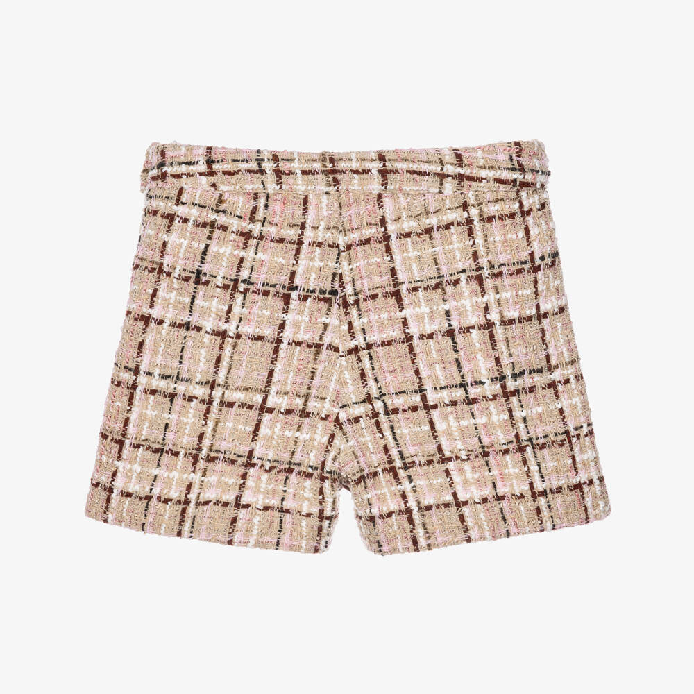 Patachou-Girls Beige & Burgundy Check Tweed Shorts | Childrensalon