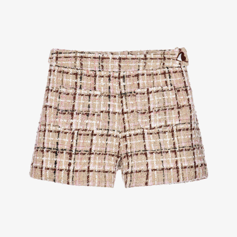 Patachou-Girls Beige & Burgundy Check Tweed Shorts | Childrensalon