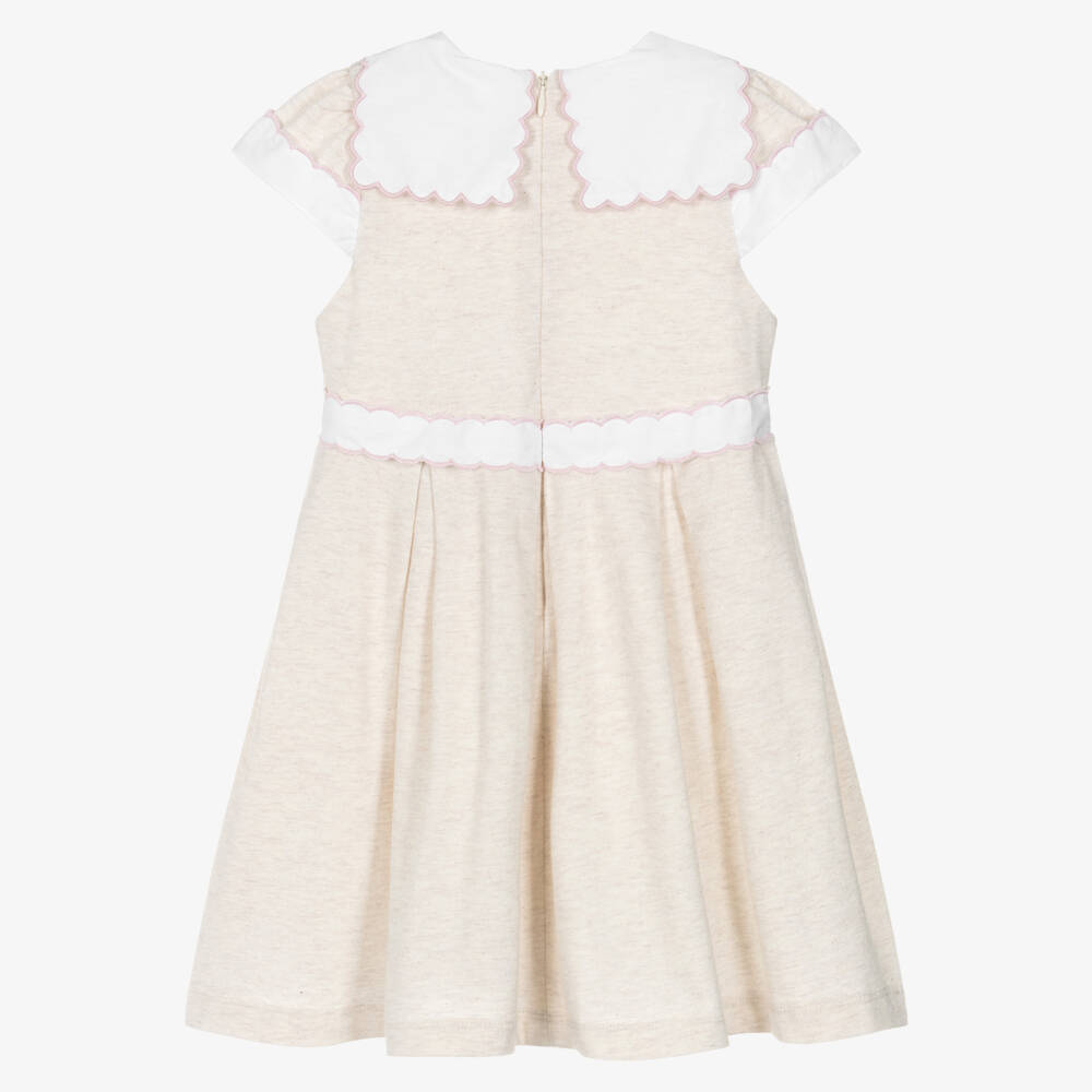 Patachou-Girls Beige Cotton Dress with Scalloped Collar | Childrensalon