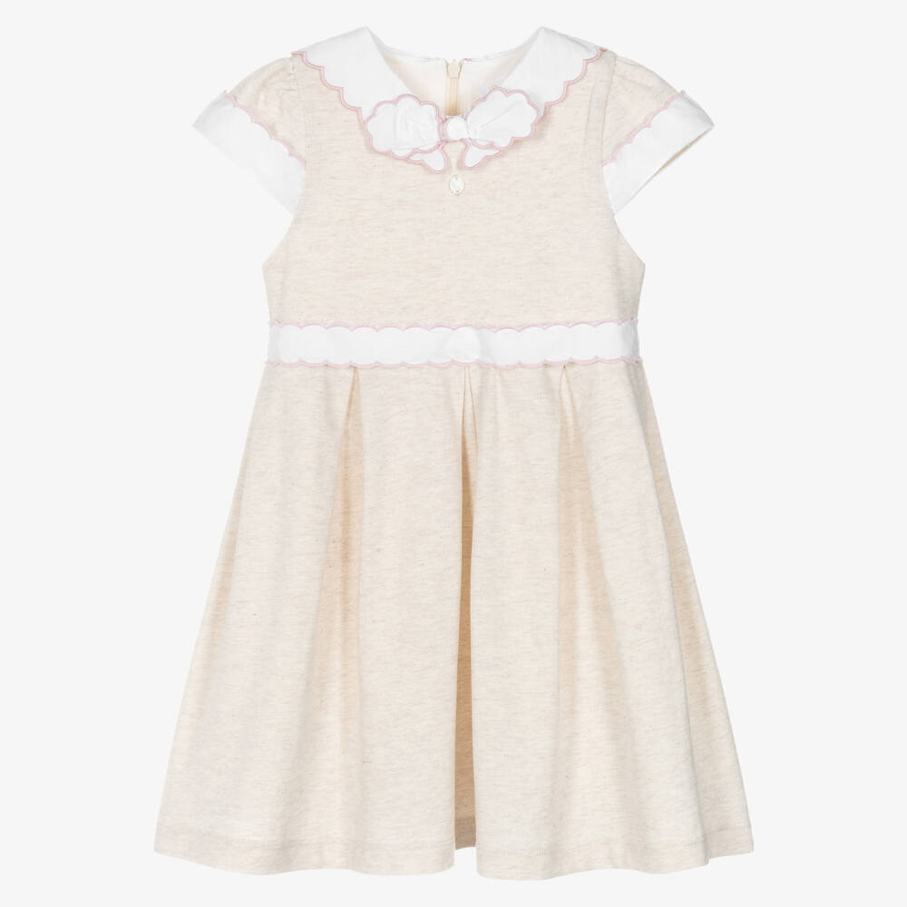 Patachou-Girls Beige Cotton Dress with Scalloped Collar | Childrensalon