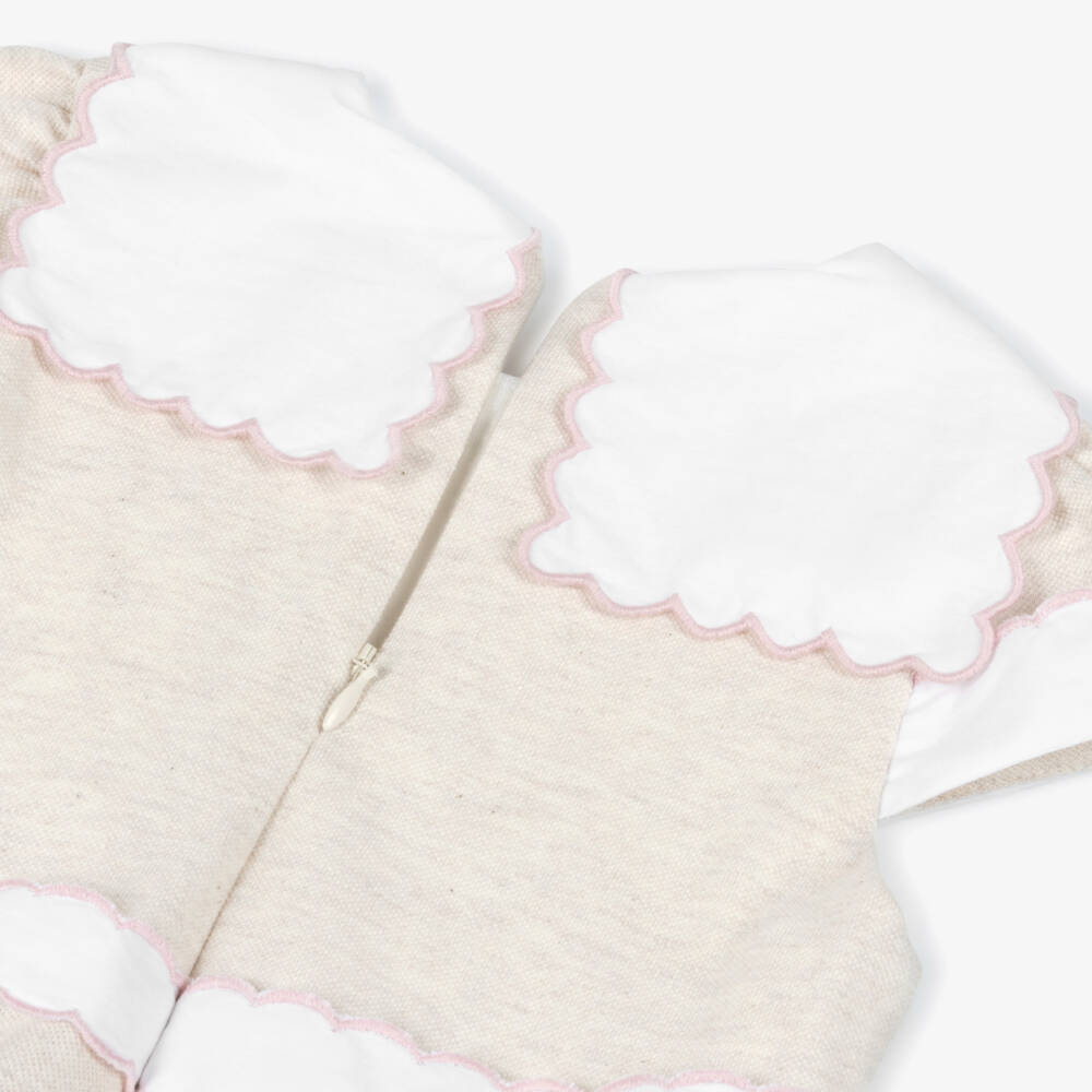 Patachou-Girls Beige Cotton Dress with Scalloped Collar | Childrensalon
