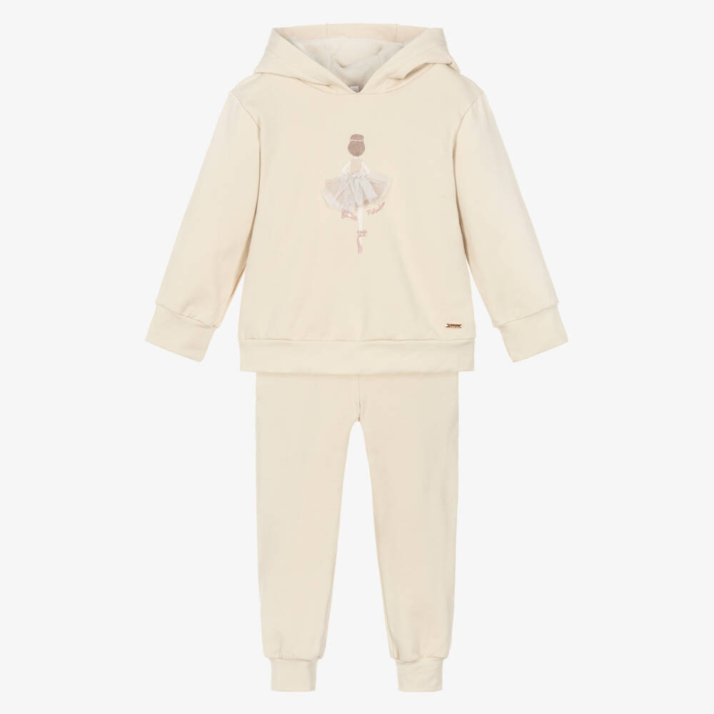 Patachou-Girls Beige Cotton Jersey Ballerina Tracksuit | Childrensalon