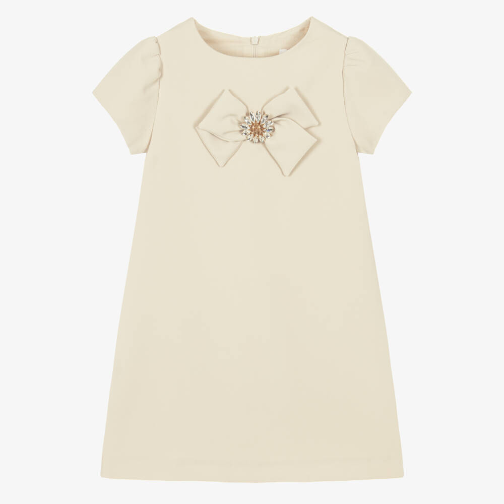 Patachou-Girls Beige Crêpe Dress with Crystal Button & Bow | Childrensalon