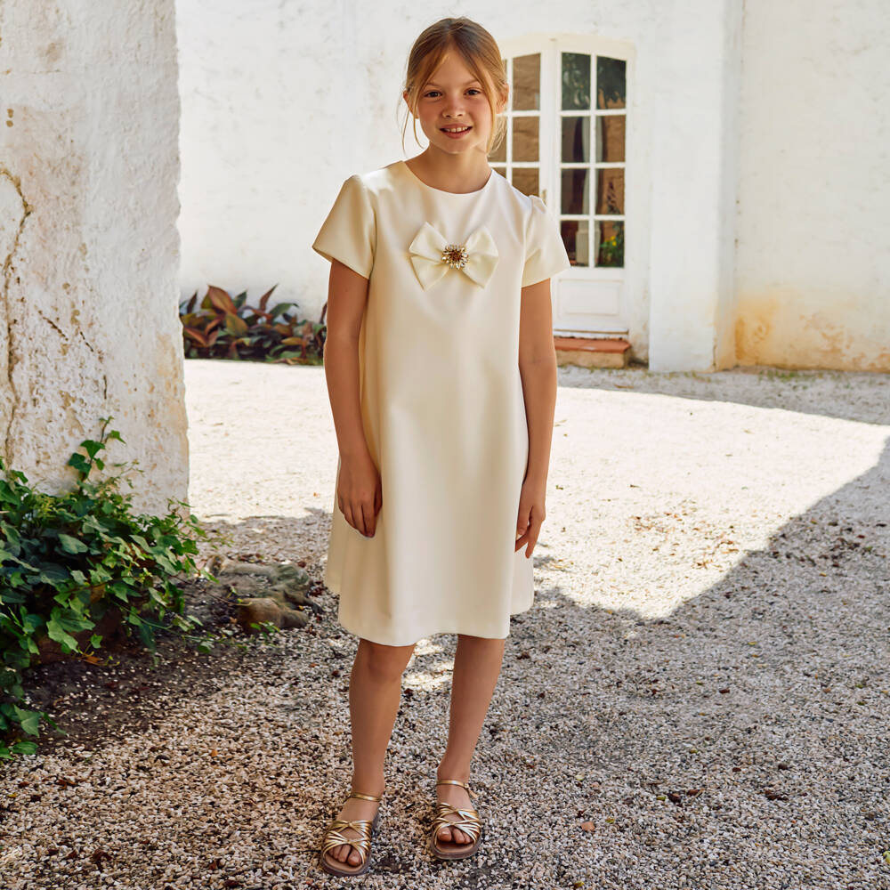 Patachou-فستان كريب بزر كريستال وفيونكة لون بيج للبنات | Childrensalon