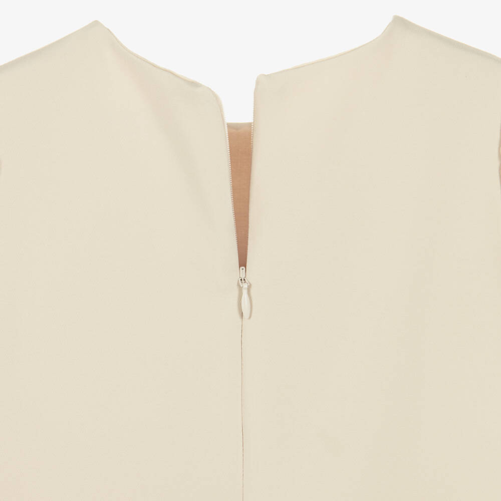 Patachou-Girls Beige Crêpe Dress with Crystal Button & Bow | Childrensalon
