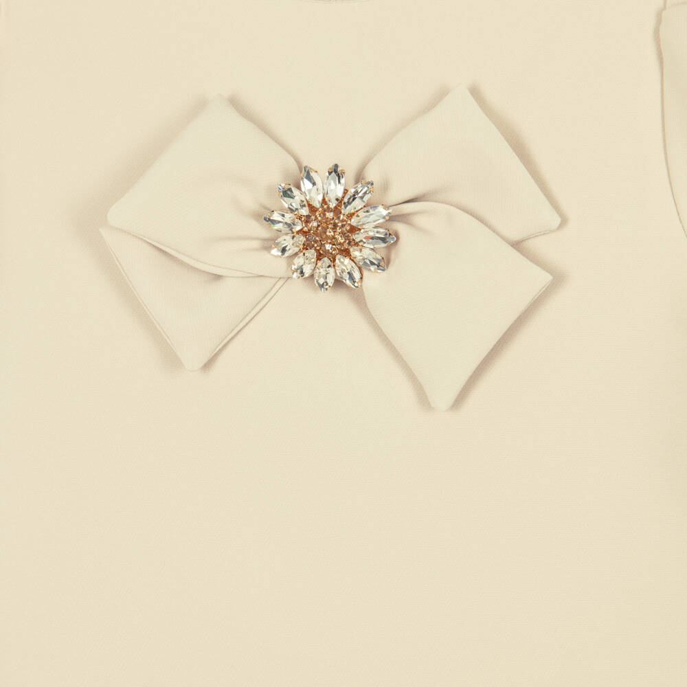 Patachou-Girls Beige Crêpe Dress with Crystal Button & Bow | Childrensalon