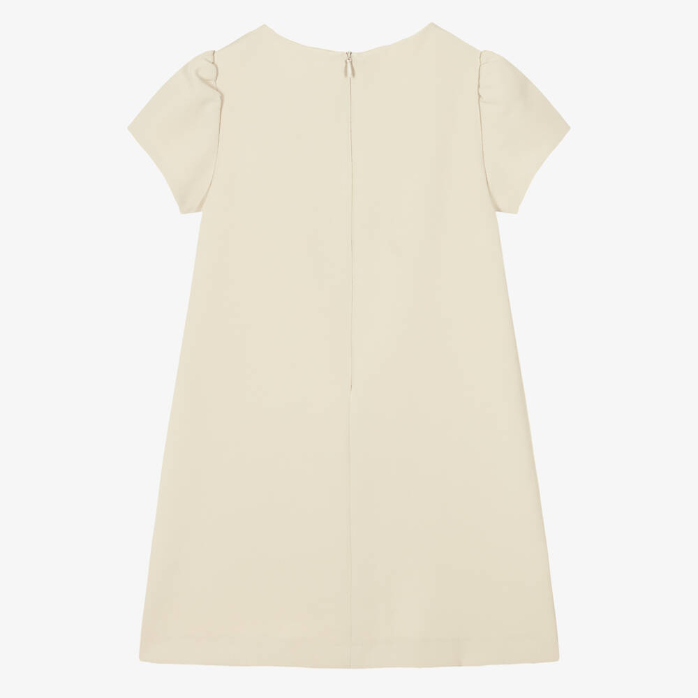 Patachou-Girls Beige Crêpe Dress with Crystal Button & Bow | Childrensalon