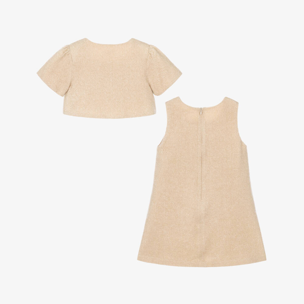 Patachou-Girls Beige Dress Set with Brown Velvet Bows | Childrensalon
