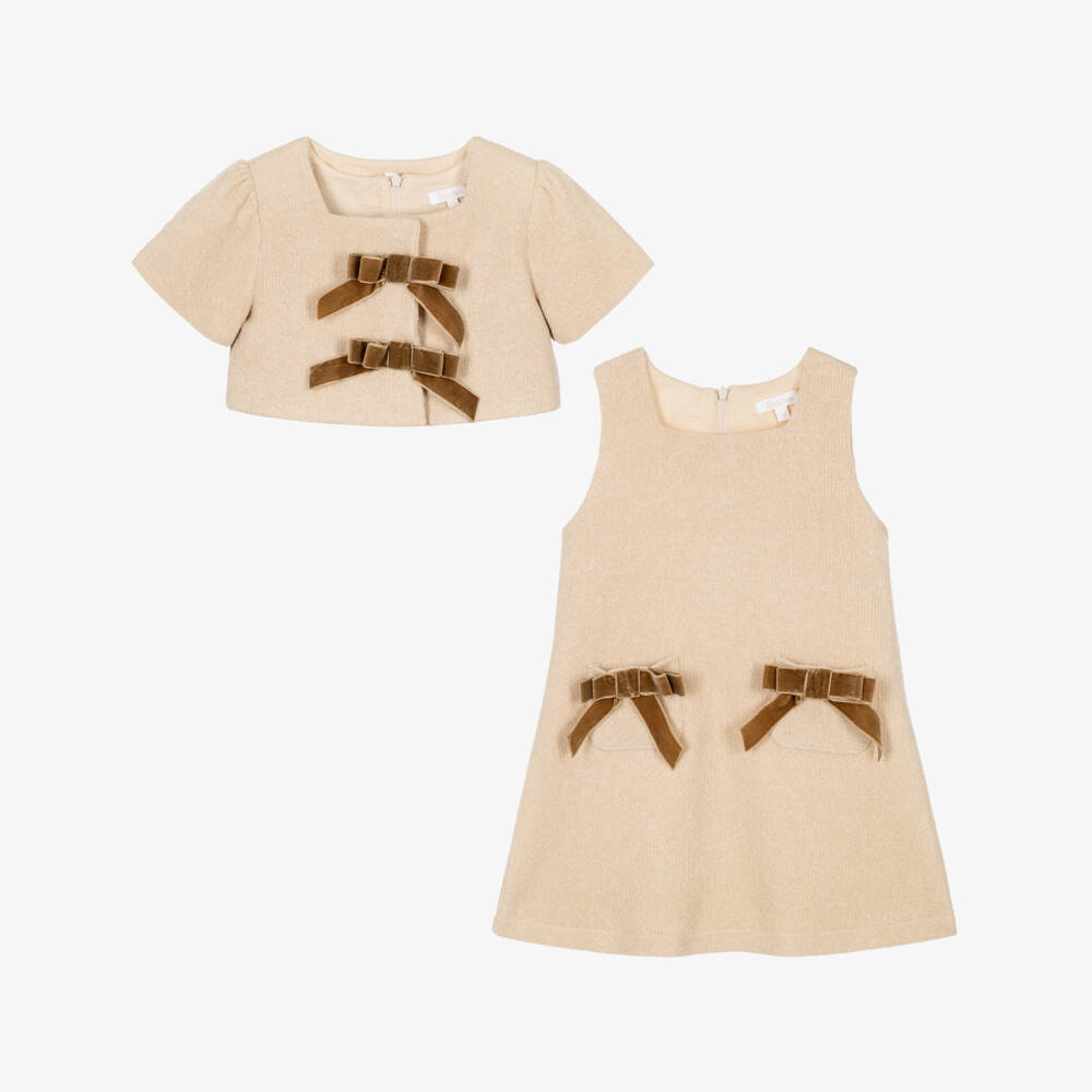 Patachou-Girls Beige Dress Set with Brown Velvet Bows | Childrensalon