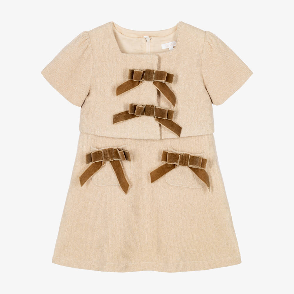 Patachou-Girls Beige Dress Set with Brown Velvet Bows | Childrensalon