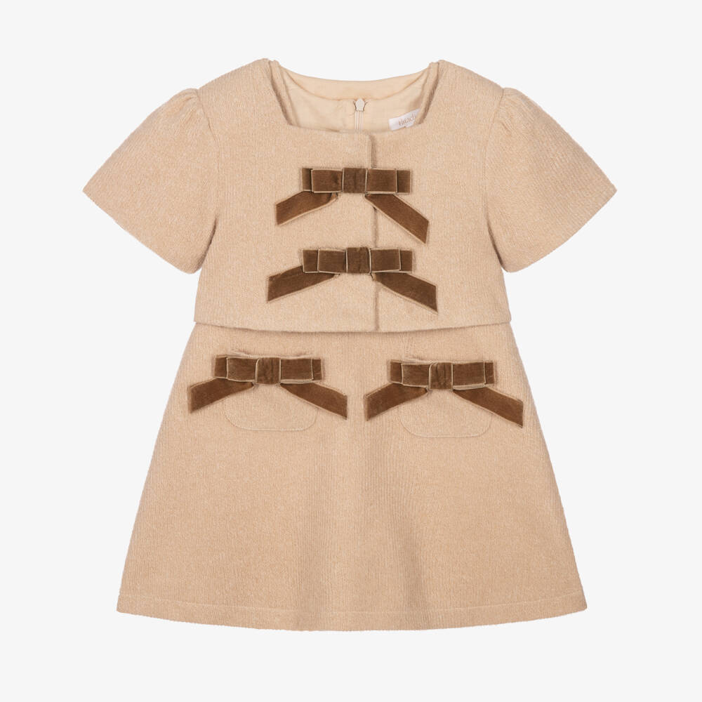 Patachou-Girls Beige Dress Set with Brown Velvet Bows | Childrensalon