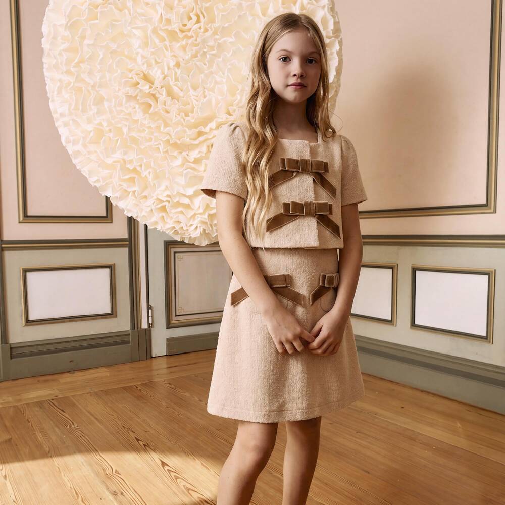 Patachou-Girls Beige Dress Set with Brown Velvet Bows | Childrensalon