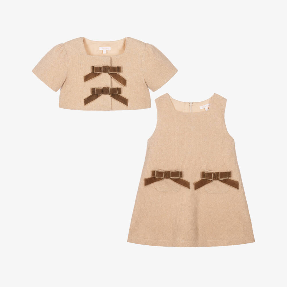 Patachou-Girls Beige Dress Set with Brown Velvet Bows | Childrensalon