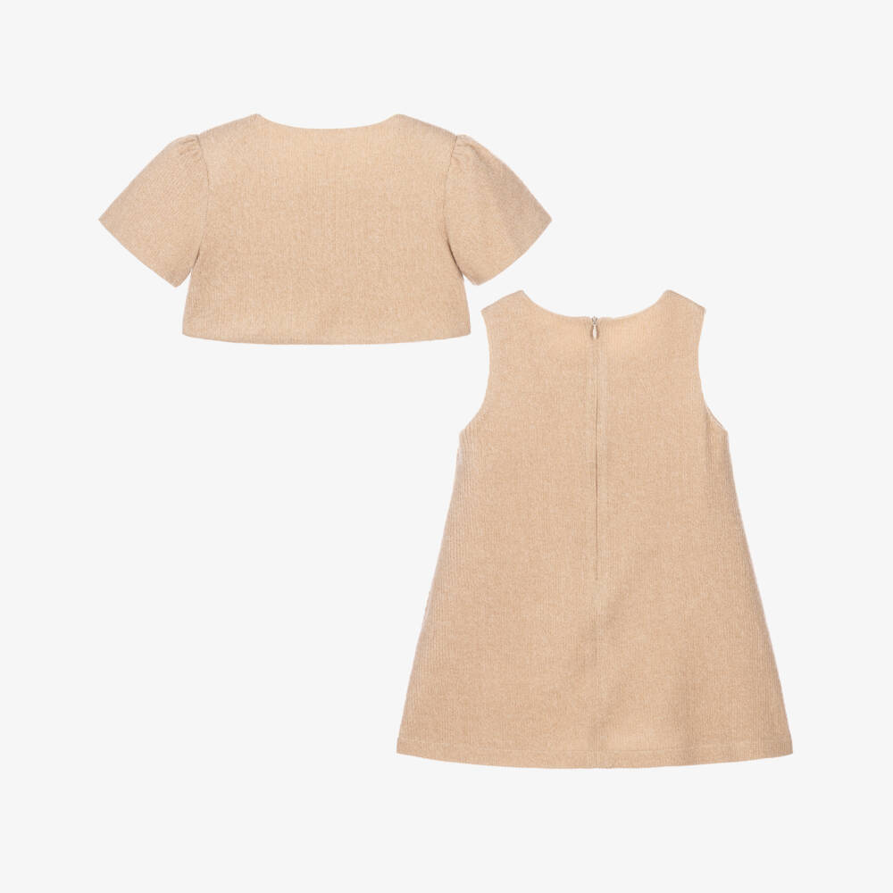 Patachou-Girls Beige Dress Set with Brown Velvet Bows | Childrensalon