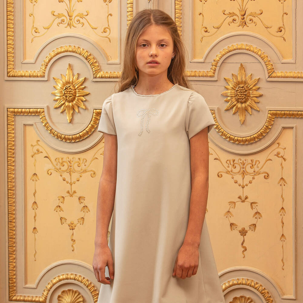 Patachou-Girls Beige Dress with Diamanté & Faux Pearl Bow | Childrensalon