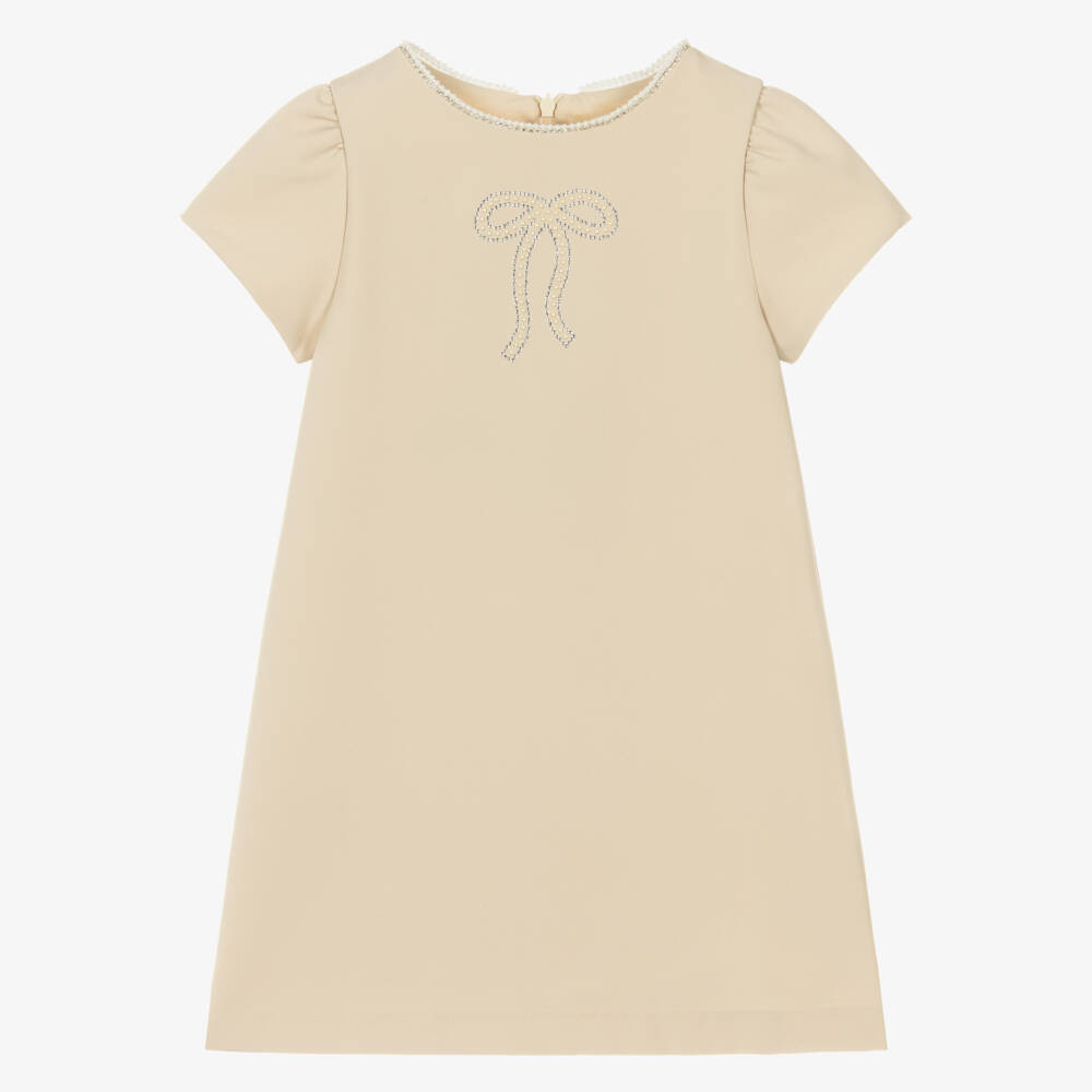 Patachou-Girls Beige Dress with Diamanté & Faux Pearl Bow | Childrensalon