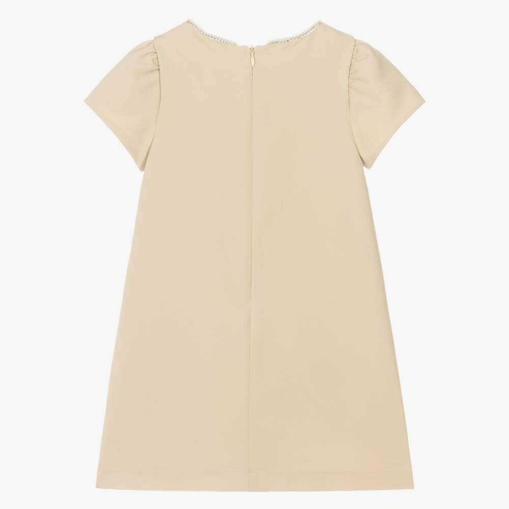 Patachou-Girls Beige Dress with Diamanté & Faux Pearl Bow | Childrensalon