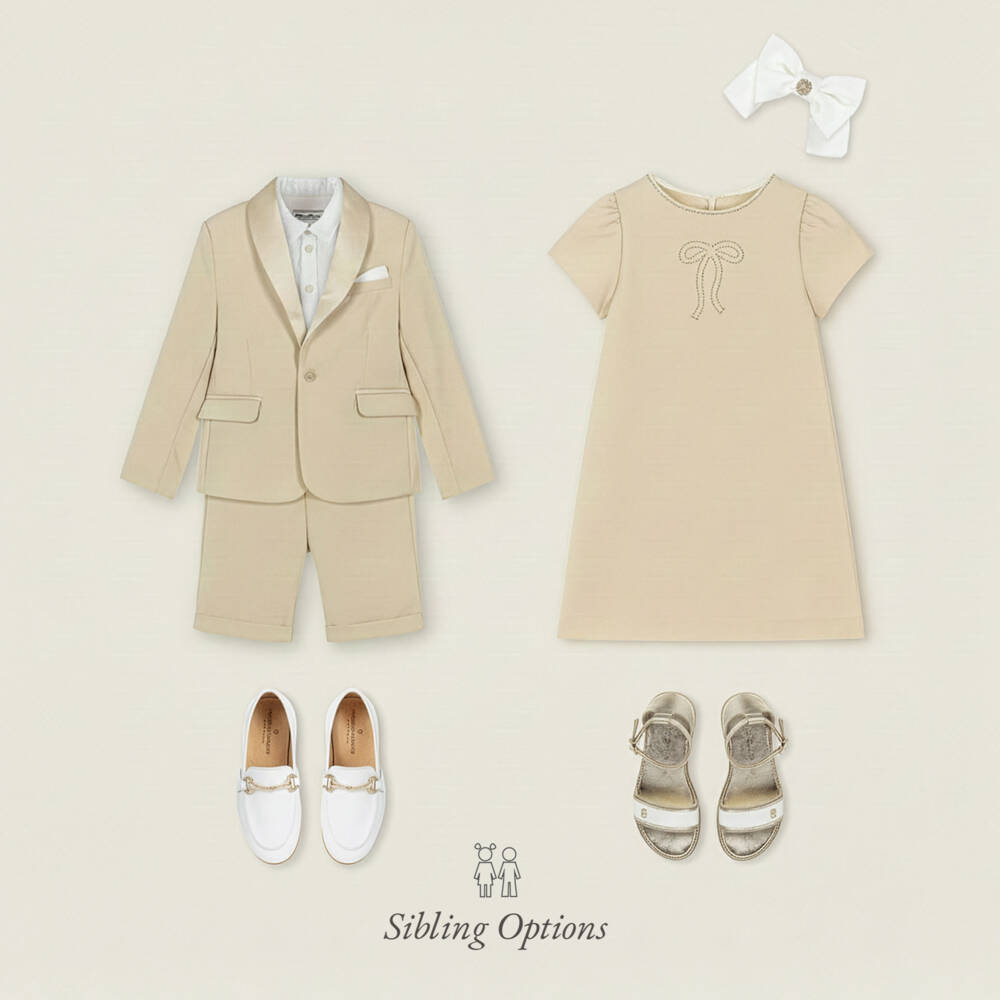 Patachou-Платье бежевое с бантом из страз и искусственного жемчуга для девочек | Childrensalon