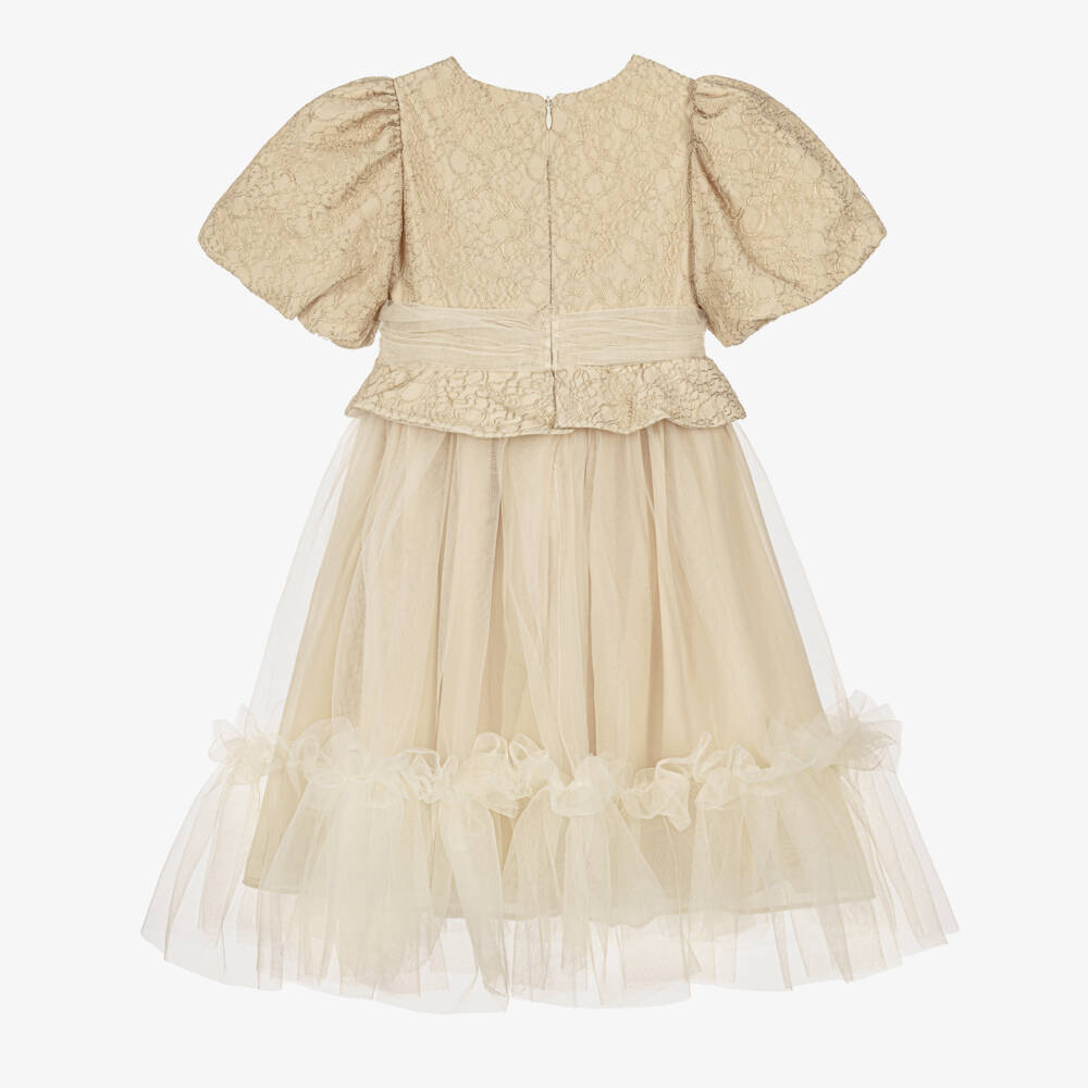 Patachou-Girls Beige Embroidered Tulle Dress | Childrensalon