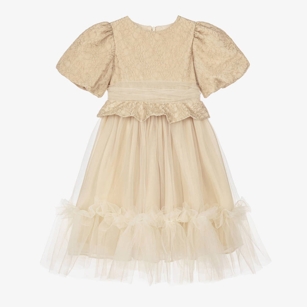 Patachou-Girls Beige Embroidered Tulle Dress | Childrensalon