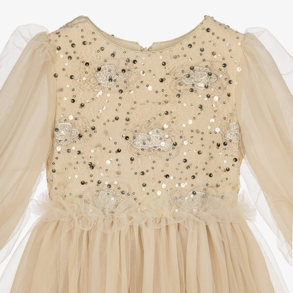 Patachou-Girls Beige & Gold Sequin Tulle Dress | Childrensalon