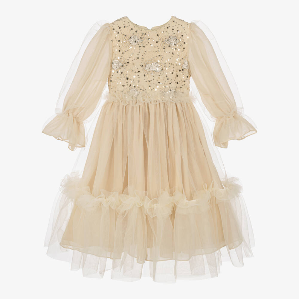 Patachou-Girls Beige & Gold Sequin Tulle Dress | Childrensalon