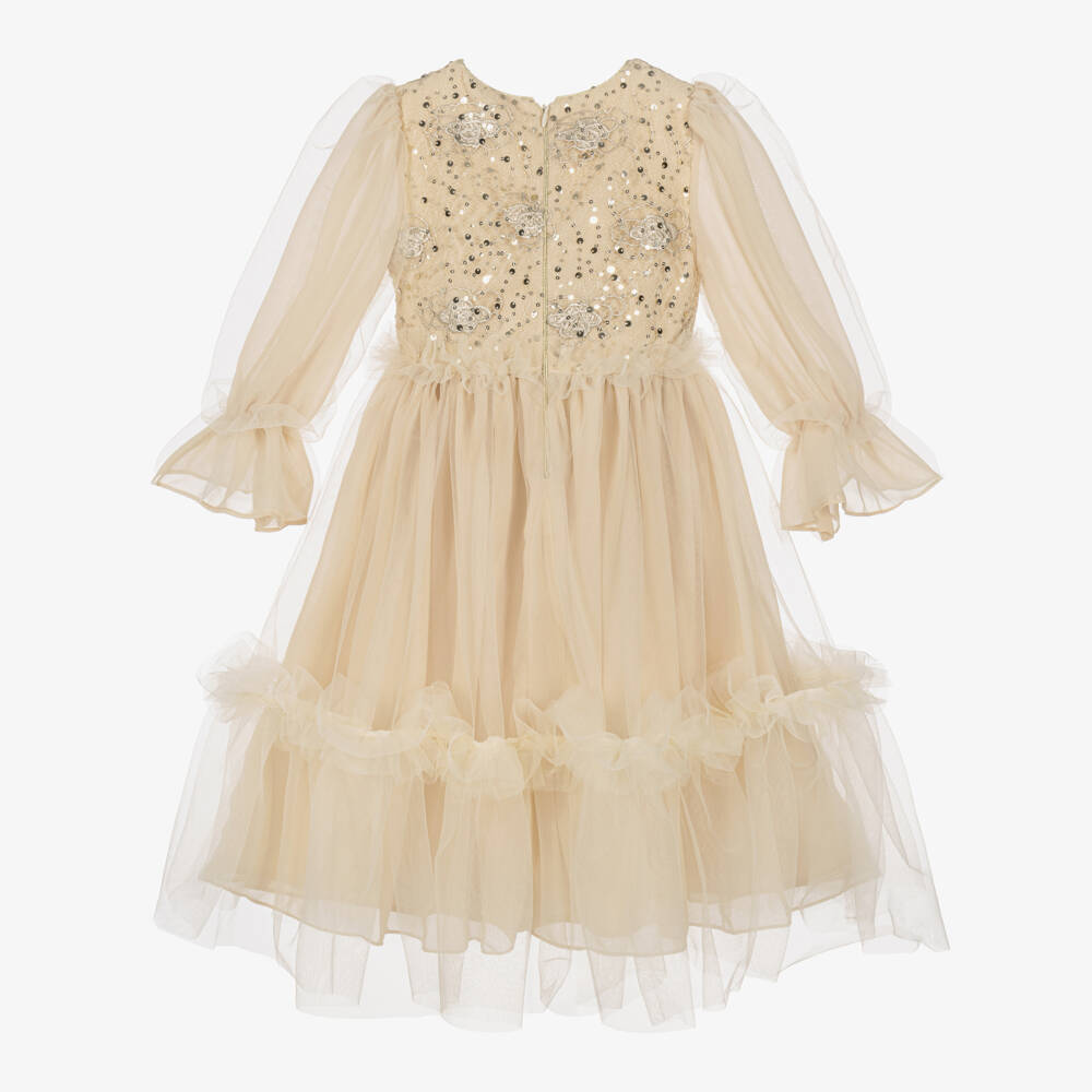 Patachou-Girls Beige & Gold Sequin Tulle Dress | Childrensalon