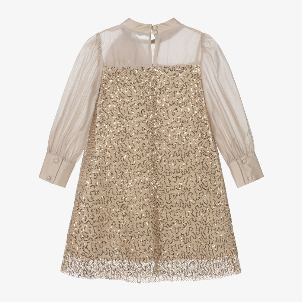 Patachou-Платье бежевое из сетки с золотыми пайетками для девочек | Childrensalon