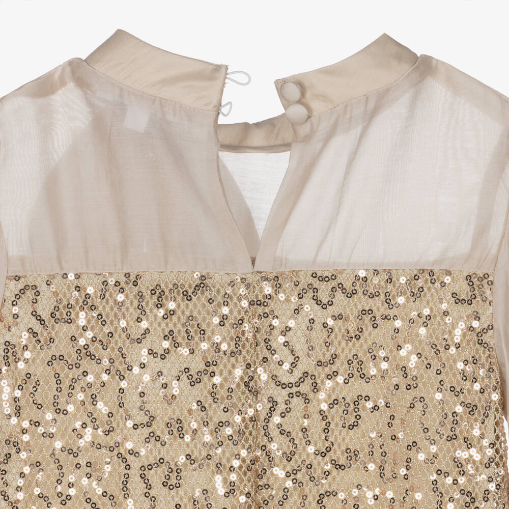 Patachou-Платье бежевое из сетки с золотыми пайетками для девочек | Childrensalon