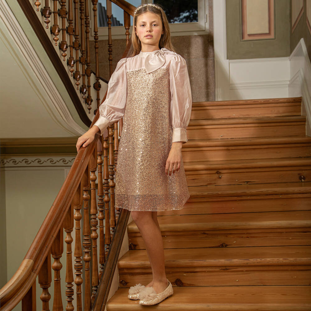 Patachou-Платье бежевое из сетки с золотыми пайетками для девочек | Childrensalon