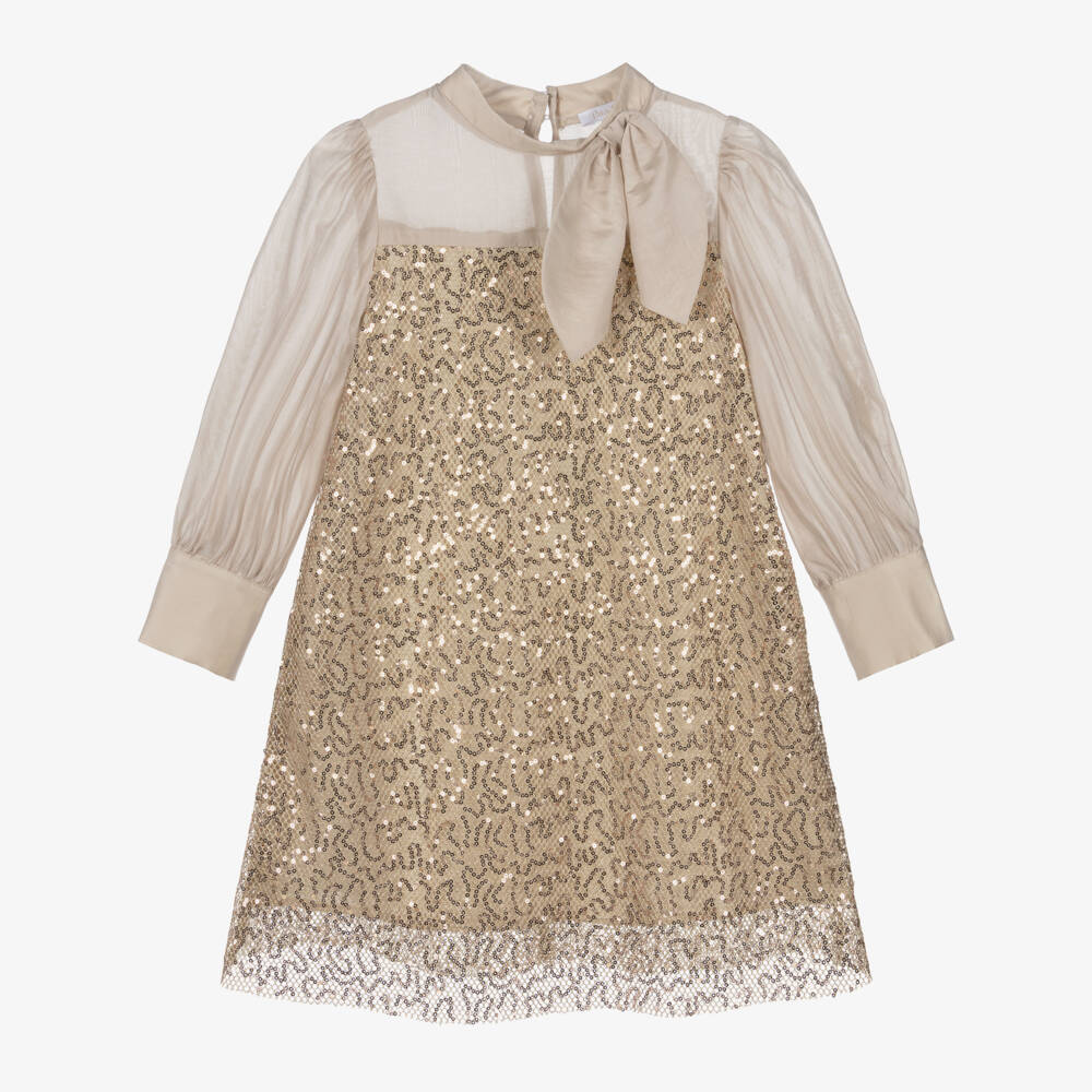 Patachou-Girls Beige & Gold Sequinned Mesh Dress | Childrensalon