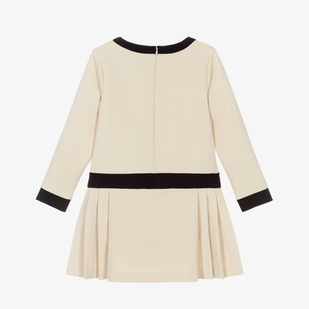 Patachou-Girls Beige Ivory & Black Pleated Dress | Childrensalon