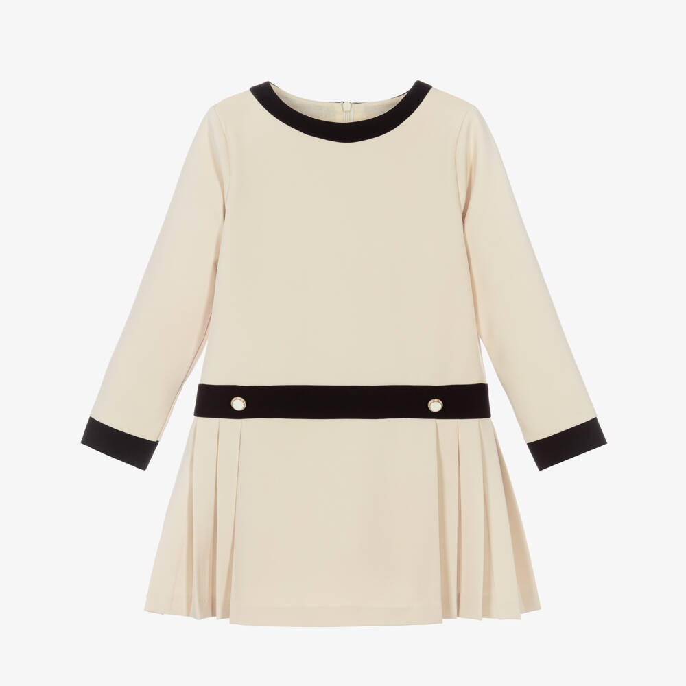 Patachou-Girls Beige Ivory & Black Pleated Dress | Childrensalon