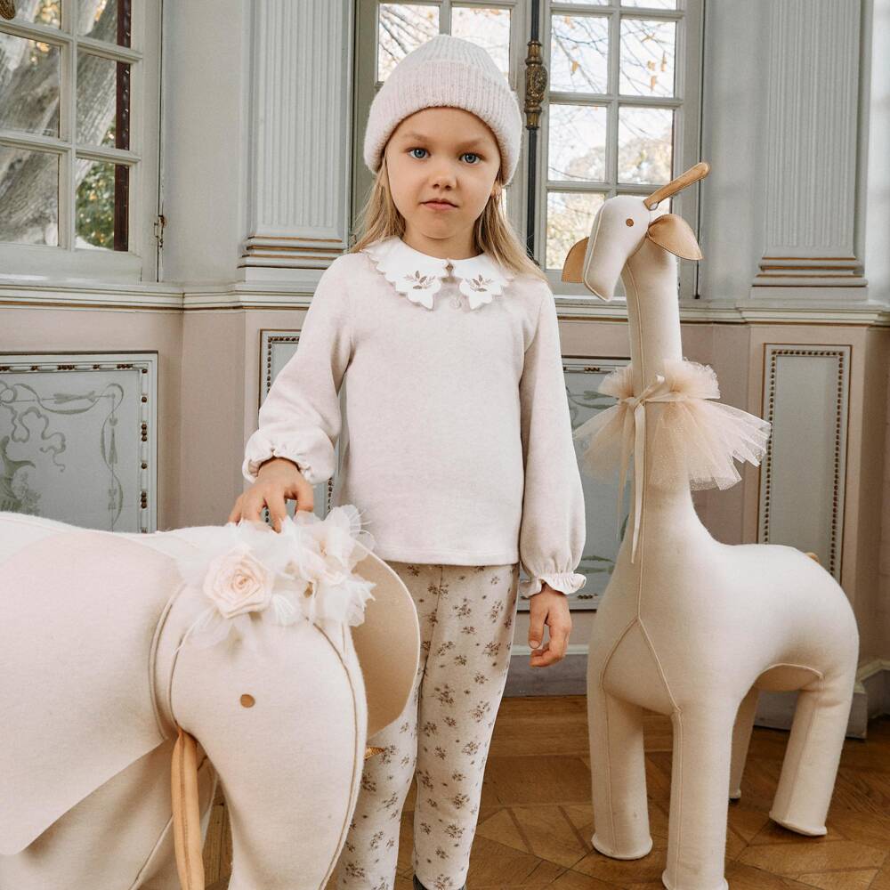 Patachou-Girls Beige Jersey Knit Floral Pattern Trouser Set | Childrensalon