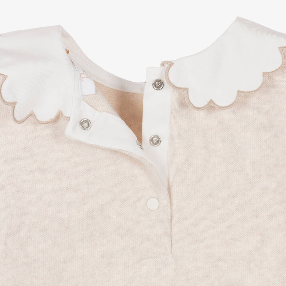 Patachou-Girls Beige Jersey Knit Floral Pattern Trouser Set | Childrensalon