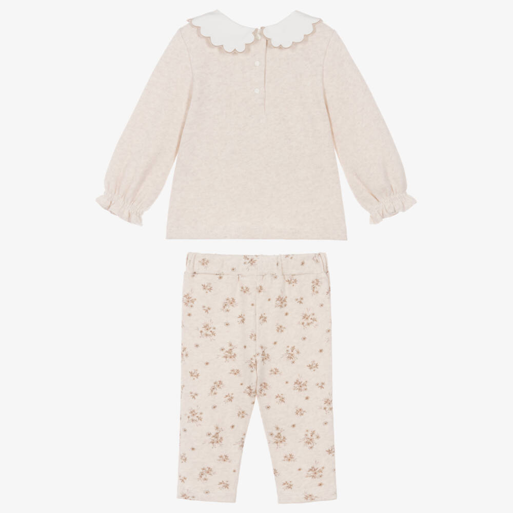 Patachou-Girls Beige Jersey Knit Floral Pattern Trouser Set | Childrensalon