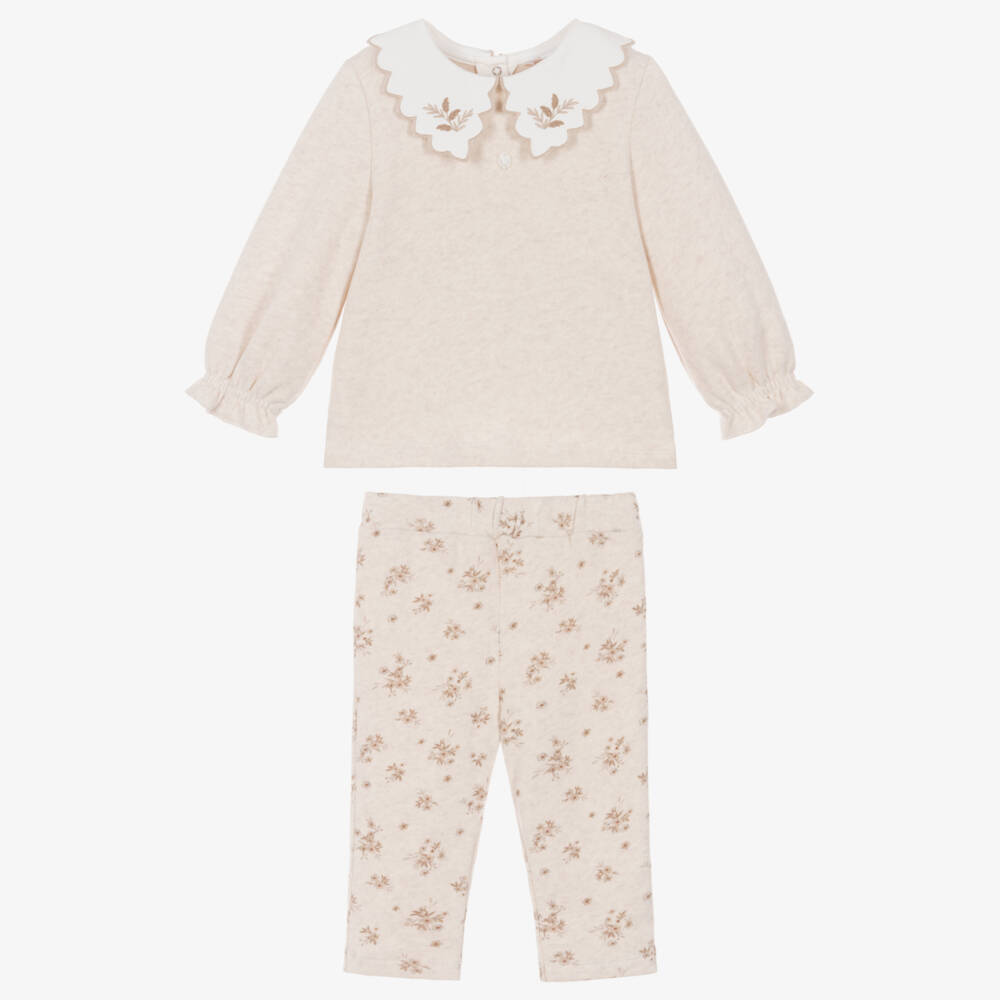 Patachou-Girls Beige Jersey Knit Floral Pattern Trouser Set | Childrensalon