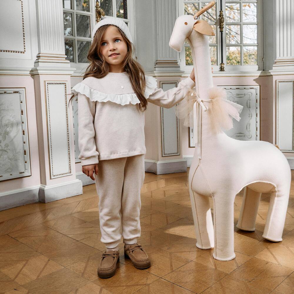 Patachou-Girls Beige Jersey Knit Tracksuit with Ruffle | Childrensalon