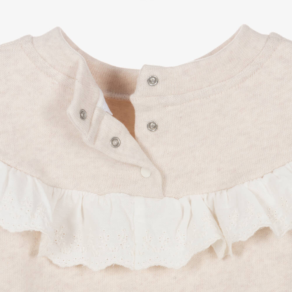 Patachou-Girls Beige Jersey Knit Tracksuit with Ruffle | Childrensalon