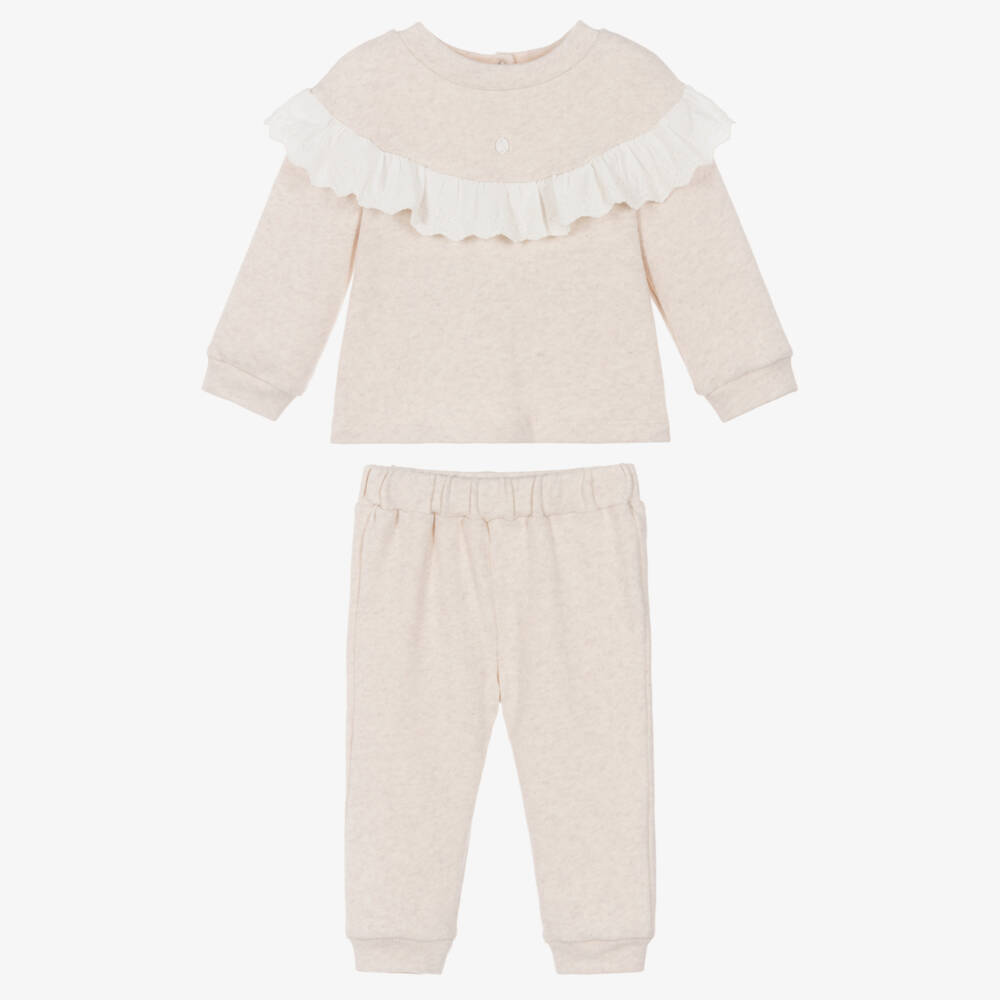 Patachou-Girls Beige Jersey Knit Tracksuit with Ruffle | Childrensalon