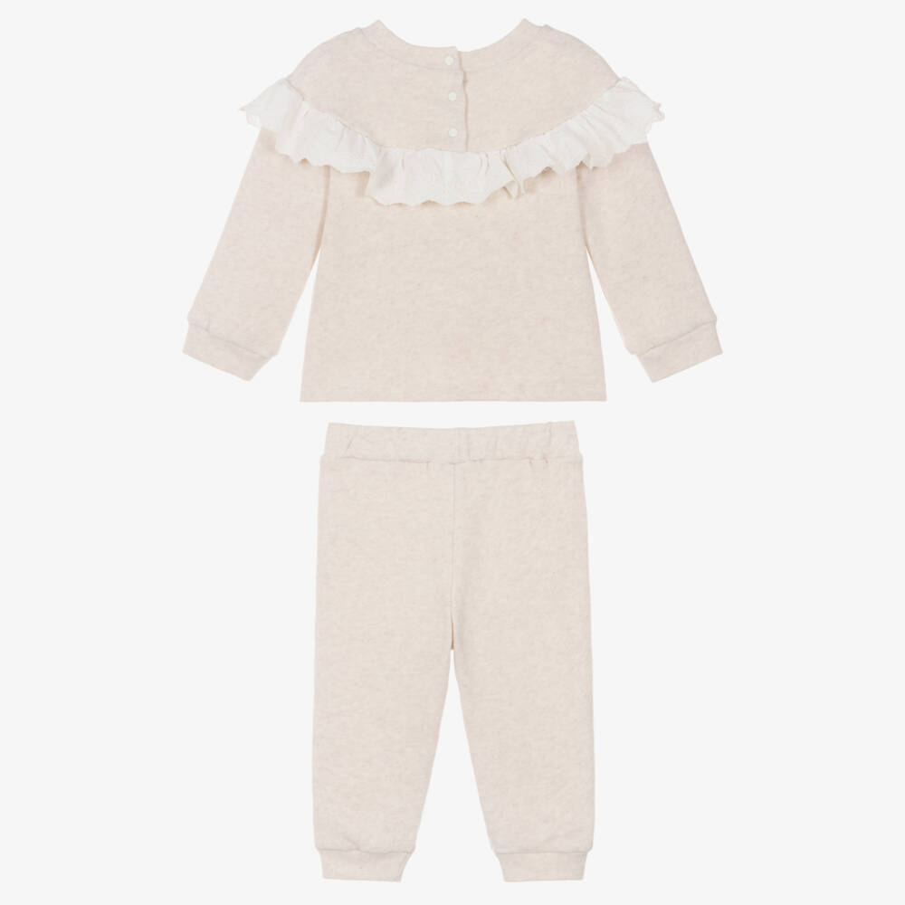 Patachou-Girls Beige Jersey Knit Tracksuit with Ruffle | Childrensalon
