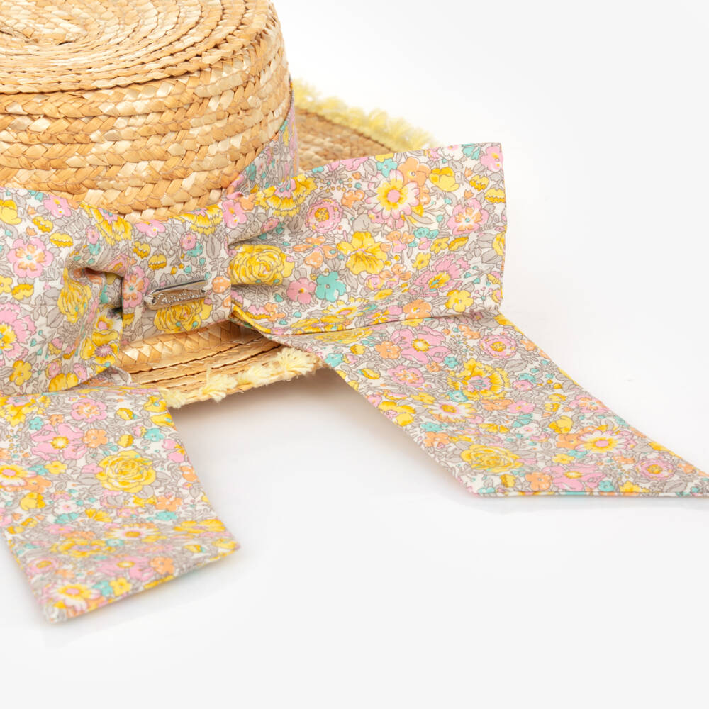 Patachou-Girls Beige Liberty Print Straw Hat | Childrensalon