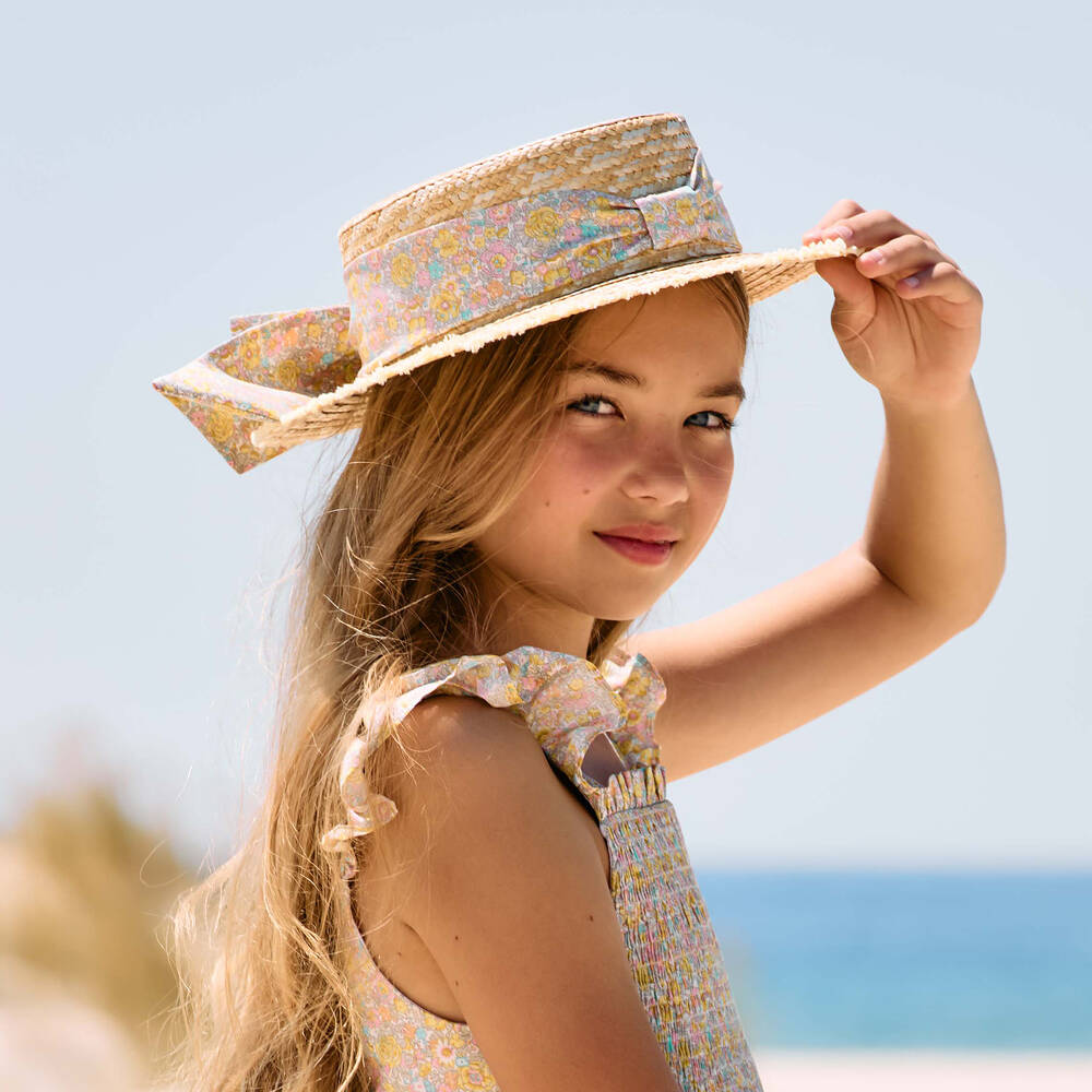 Patachou-Girls Beige Liberty Print Straw Hat | Childrensalon