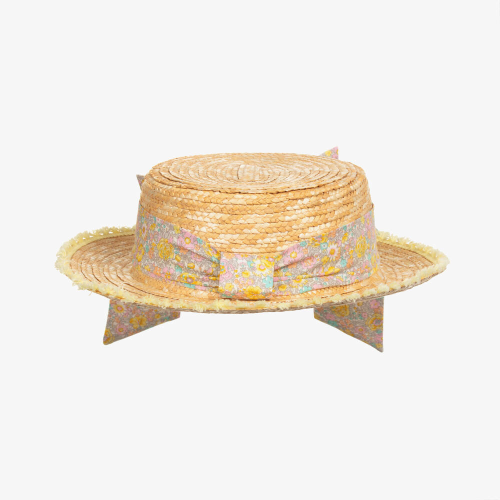 Patachou-Girls Beige Liberty Print Straw Hat | Childrensalon