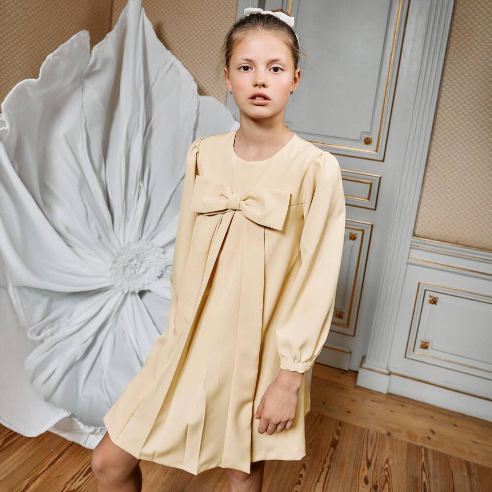 Patachou-Girls Beige Pleated Dress with Bow | Childrensalon