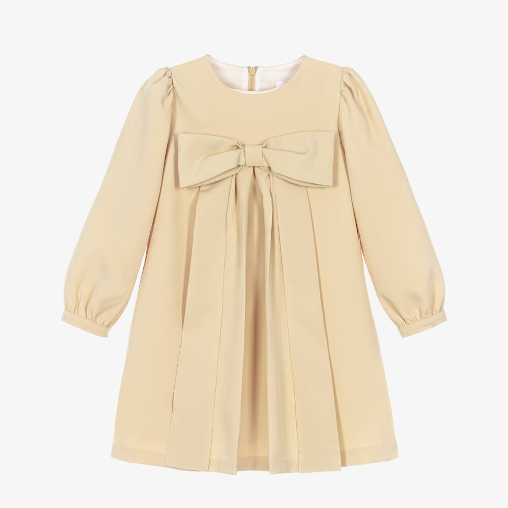 Patachou-Girls Beige Pleated Dress with Bow | Childrensalon