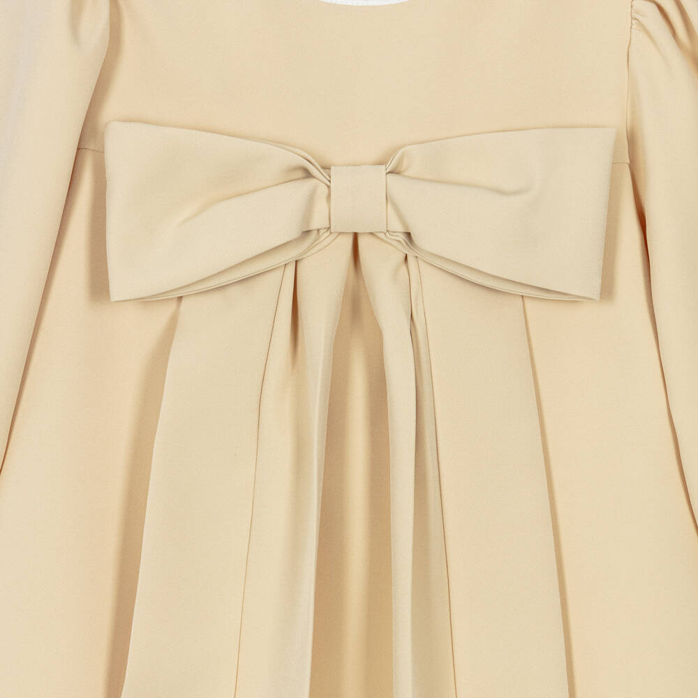 Patachou-Girls Beige Pleated Dress with Bow | Childrensalon