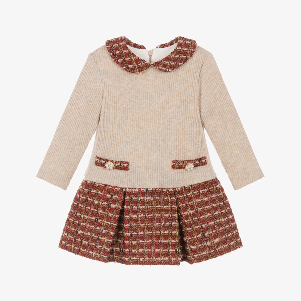 Patachou-Girls Beige Rib Knit & Red Tweed Dress | Childrensalon