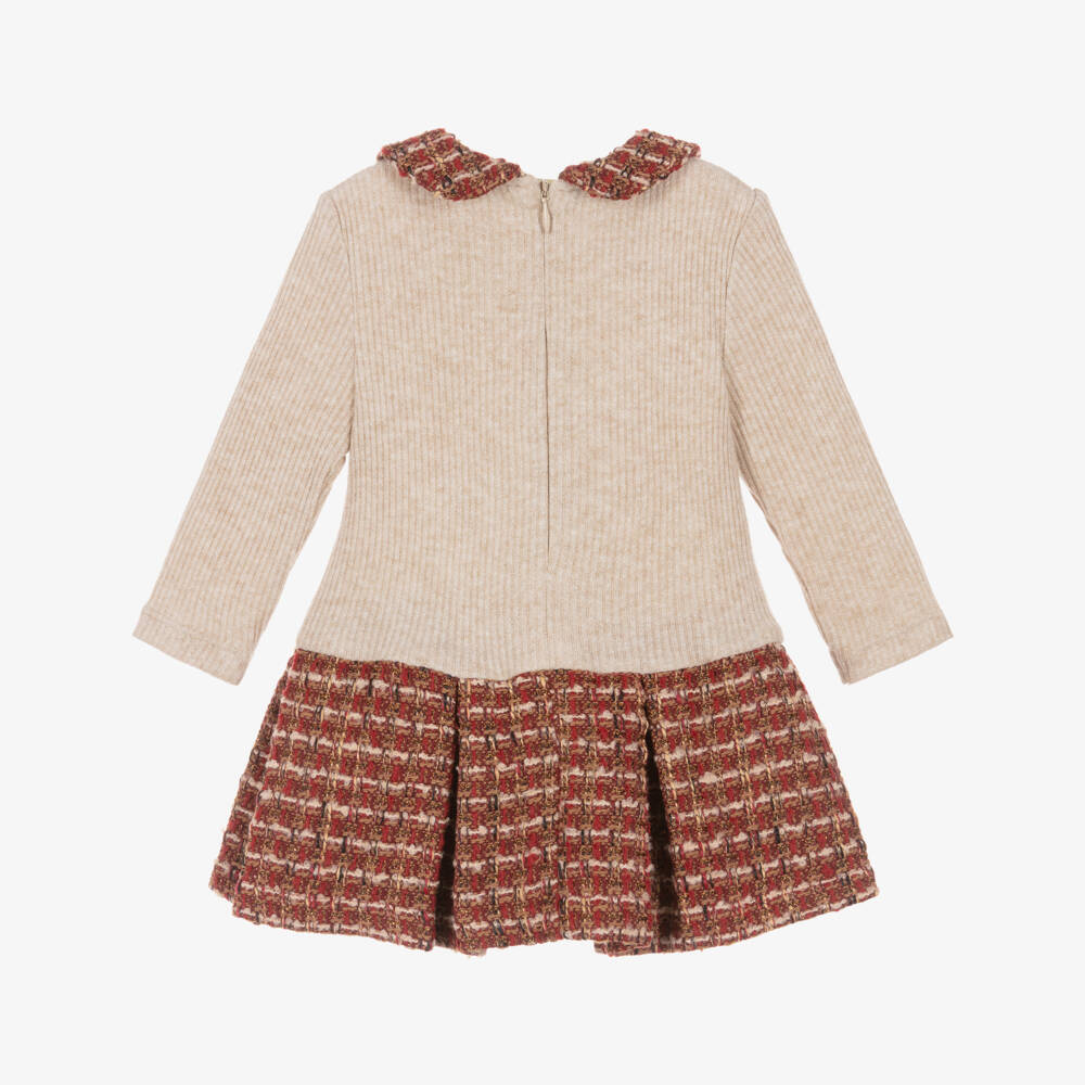 Patachou-Girls Beige Rib Knit & Red Tweed Dress | Childrensalon