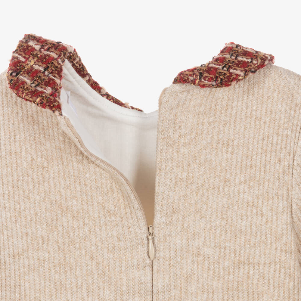Patachou-Girls Beige Rib Knit & Red Tweed Dress | Childrensalon